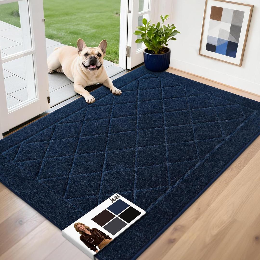 JSEI Dirt Trapper Door Mat 32"x48", Non-Slip Washable Entryway Mats, Dog Door Mat, Stain Resistant and Absorbent Floor Mats, Low Profile Welcome Mat for Front Back Door, Navy Blue