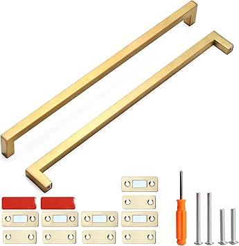 Cabinet Pulls Gold Cabinet Handles 5 Pack 13-4/5 Inch Square Drawer Pulls and 5 Pack Cabinet Magnetic Catch, Stainless Steel Kitchen Door Cupboard Cabinet Handles, 352mm Hole Centers