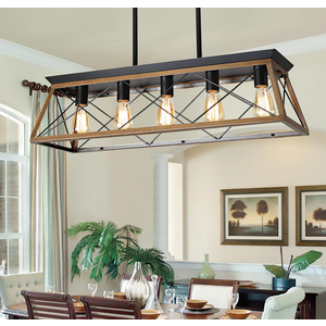 Farmhouse Chandeliers for Dining Room, Rustic Kitchen Island Light Fixture, 5-Light Linear Pendant Lighting Rectangular Chandelier, Metal Solid Ceiling Lights