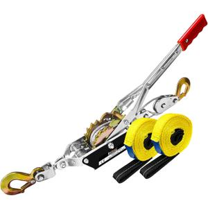 Come Along Winch Ratchet Tool 2 Ton Pulling Capacity 2 Hooks Steel Cable Dual Gear Power Puller with Two 1"x8FT Lifting Straps Hand Winch Cable Automotive Hoist Winch Puller Recovery Gear