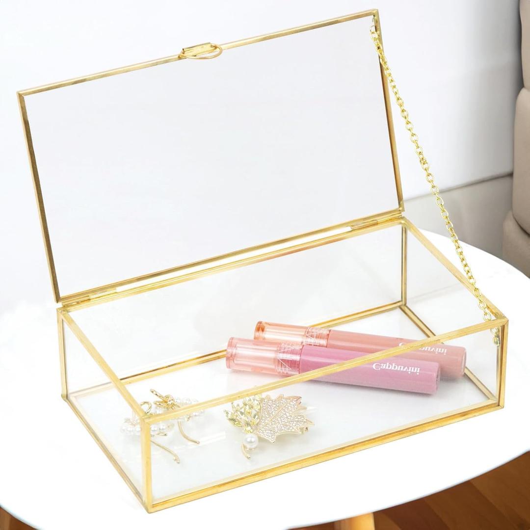 Clear Glass Decorative Box for Organizing Photos, Jewelry, Small Items - Golden Dresser Drawer Organizer, Transparant Small Storage Bin Container with Lid (Upgrade, 8x4,3x2,3")