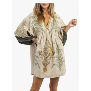 Womens Oversized Embroidered Dress with V-Neck and 3/4 Sleeves Vintage Embroidery Babydoll Dress, M