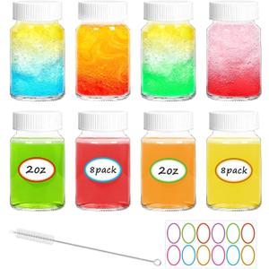 Haneye 8 Pack 2 oz Glass Shot Bottles with Caps - Reusable Wide Mouth Ginger Shots Bottles for Juice, Wellness,Spices, Essential Oil & Travel, Leakproof & Dishwasher Safe with 12 Labels and 1 Brush