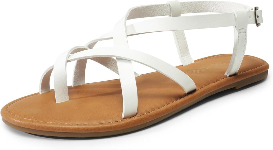 DREAM PAIRS Women's Flat Sandals Strappy Dressy Comfortable Ankle Strap Casual Summer Thong Sandals for Beach (7.5, White)