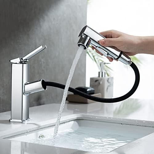 HANLIAN Single Hole Bathroom Pull Out Faucet with Rotating Spout, One Handle Faucet for Bathroom Sink, Modern Bathroom Faucet with Pull Down Sprayer, 3 Modes Lavatory Vanity Faucets (Chrome, Regular) (Regular, Chrome)