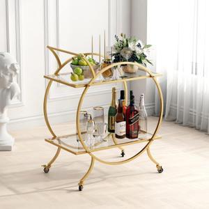LORMITER Gold Bar Carts for The Home Bar Serving Cart, Rolling Bar Cart Gold with Lockable Caster Wheels, Glass Bar Carts with 2 Mirrored Shelves, Storage Round Wine Carts for Kitchen, Party