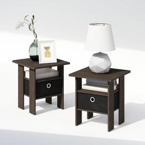 Furinno TIDUR Night Stand Set of 2, Nightstand with Storage, Dark Brown, 2-Pack, with Bin
