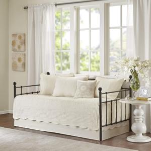 Madison Park Daybed Cover Set Damask Quilted Cover for Daybeds, All Season, Pre-washed Cotton-Filled Coastal Bedding with Scallop Edge, Shams, Bedskirt, Dcor Pillows, Tuscany, Cream, 39"x75", 6 Piece
