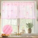 Tegeme 1 Panel Pink Bow Sheer Valances for Windows 52 x 18 Inch Embroidered Bow Decorative Valances Curtain for Small Window Kitchen Bathroom Living Room Rod Pocket Voile Curtain Coquettish Decor