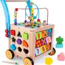 Wooden Baby Walker | Baby Push Walker with 9-in-1 Activity Cube, Sit to Stand Learning Walker Toy with Wheels for Boys Girls, Montessori Activity Center Walker, Adjustable Speed & Height