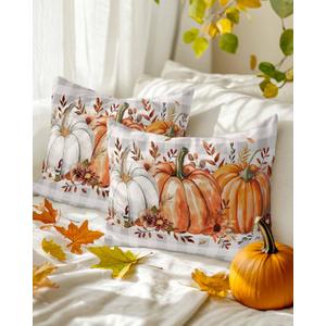Thanksgiving Pumpkin Throw Pillow Covers 12x20 Set of 2,Fall Leaf Flower Decorative Pillow Covers,Gray White Plaid Cushion Case for Sofa Couch Patio Garden Bedroom
