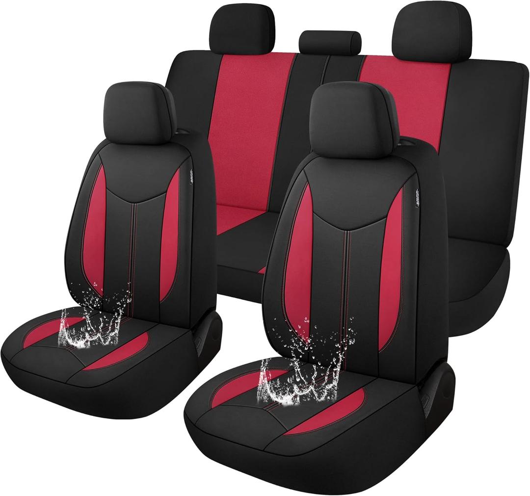 CAROMOP Waterproof Car Seat Cover Full Seats, Neoprene Seat Covers for Cars,Split Bench Compatible Car Interior Covers, Universal Fit Most Car Sedan Truck SUV(Black/Red)