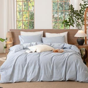 MooMee Gingham Duvet Cover Set 100% Washed Cotton Linen Like Textured Breathable Durable Soft Comfy Modern Checkered Design (Classic Gingham Cornflower Blue, Full 80"x90")