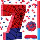 Simgoing Number 7 Spider Web Piñata Bundle with Blindfold Small Piñata for Kids Birthday Party Decoration Mexican Fiesta Cinco De Mayo Anniversary Celebration Gift, 15.75 x 11 x 2.8 In (Red Blue)
