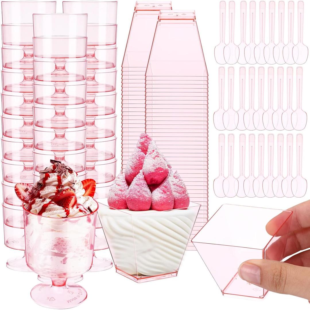 Funnymoom 300 Pack 2oz Mini Dessert Cups with Spoons Small Clear Plastic Dessert Parfait Cup Square Appetizer Pudding Cups Round Goblet Shooters for Pudding Fruit Yogurt Ice Cream Mousse (Pink)