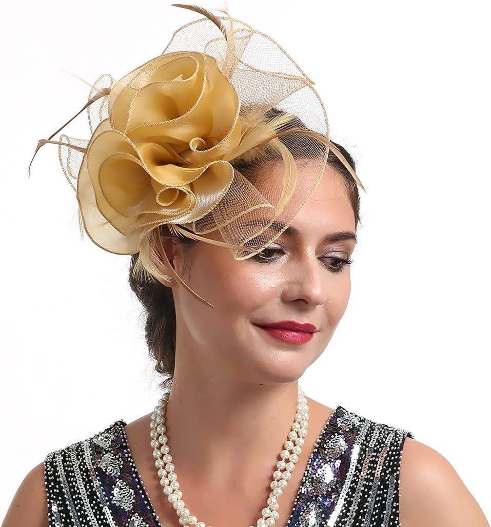 Women Fascinators Organza Fascinators 20S Party Hat Wedding Tea Party Fascinator Pillbox Hat with Headband Hairclip (One Size, Gold)