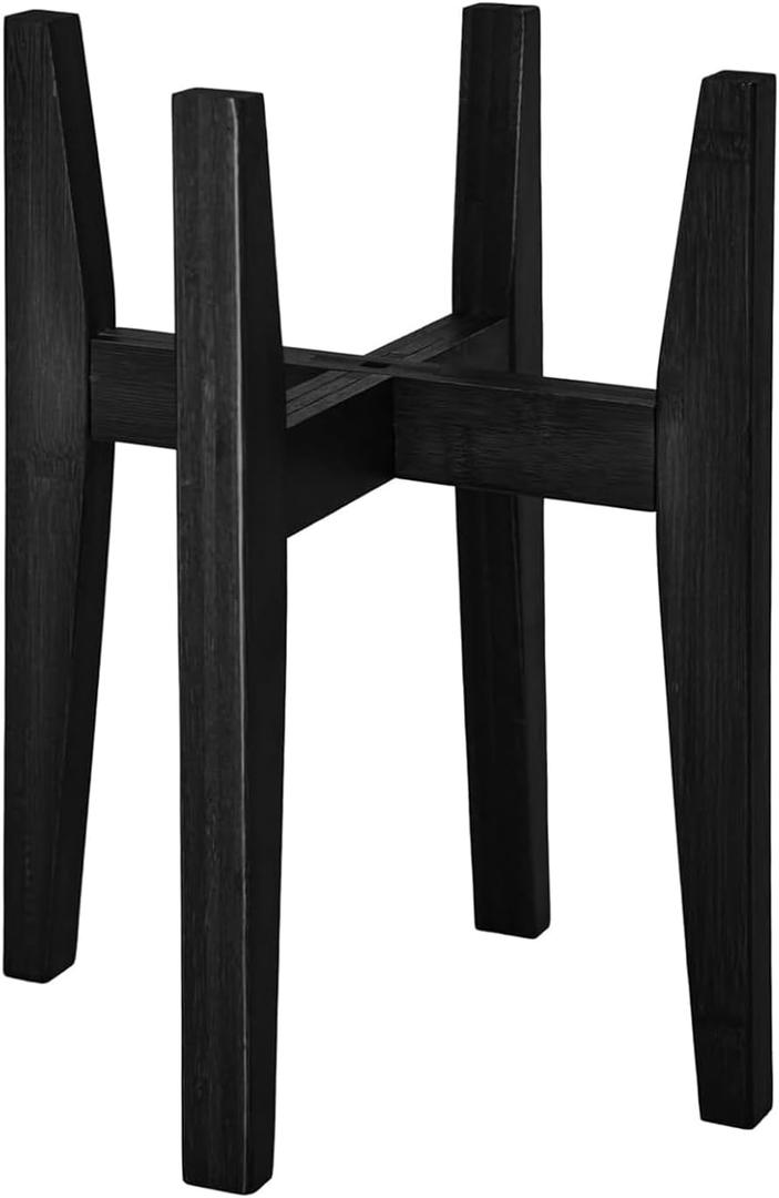 Plant Stand, Adjustable Indoor Mid Century Wood Flower Pot Holder, Fits 6-12 Inch Pots (Chamfered Black)