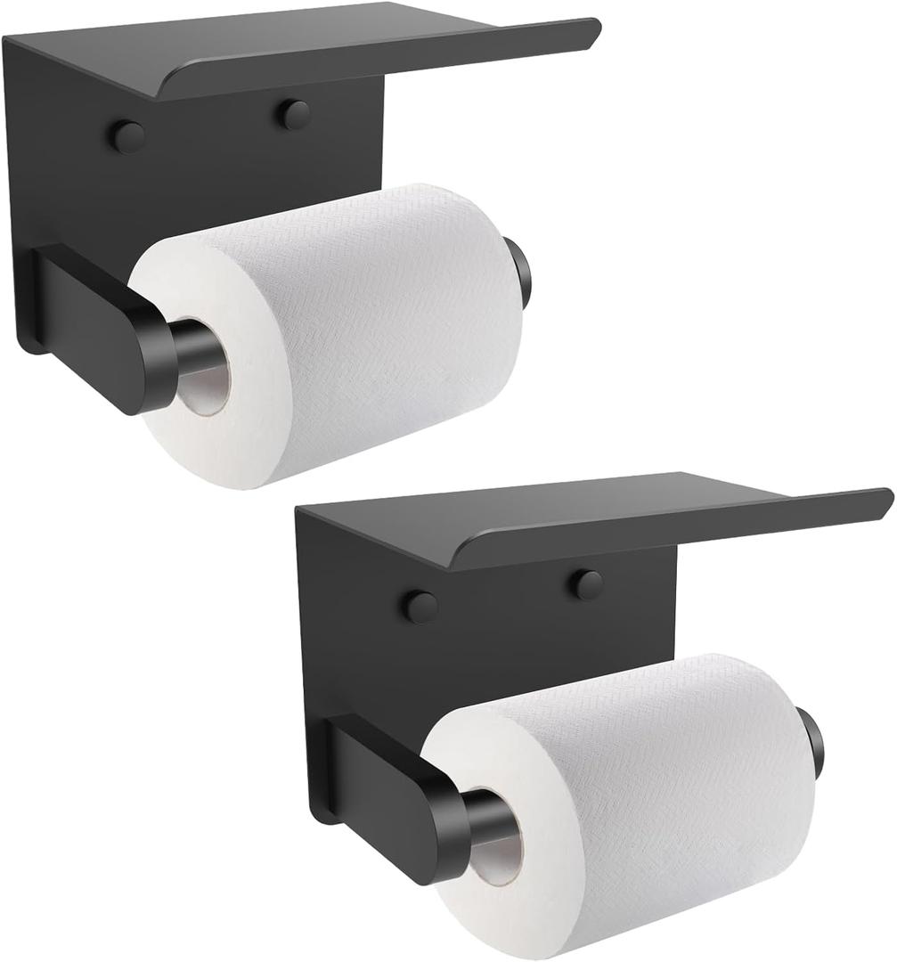 SetSail Toilet Paper Holder with Shelf Adhesive or Screw-in Bathroom Toilet Paper Roll Holders Wall Mount Matte Black Tissue Holder for Bathroom Hardware Accessories, 2 Packs