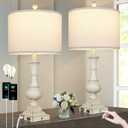 26" Farmhouse Table Lamps Set of 2, Rustic Touch Control Bedside Lamps with 2 USB Ports & AC Outlet, Vintage White Resin 3-Way Dimmable Nightstand Lamp Linen Fabric Shade for Living Room Bedroom Decor