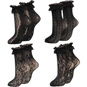 Womens Lace Ankle Socks Ruffle Frilly Socks,Mesh Lace Trim Lolita Sock,Cute Mesh Frilly Dress Sock for Women (Black)