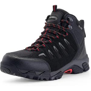 SHULOOK Men's Waterproof Hiking Boots Non-Slip Lightweight Outdoor Mid Top Ankle Boot Breathable Hiker Work Trekking Shoes (8.5, Black/Red)