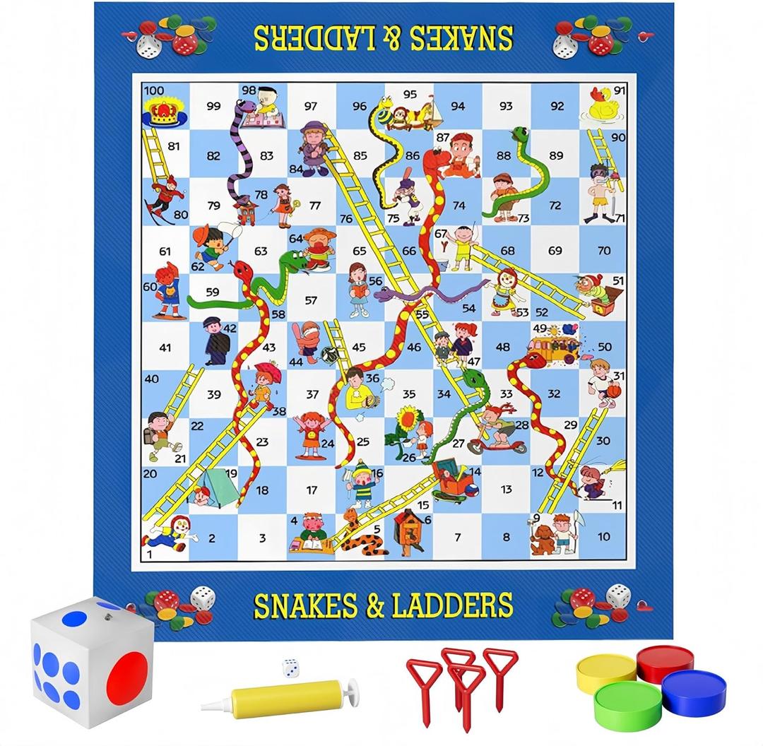 Giant Snakes and Ladders Floor Game for Kids - 5.8 ft Extra-Large Indoor Outdoor Mat with Game Pieces & Inflatable Dice, Family Night Board Game Set, Birthday Toy for 3+ Year Old Boys and Girls