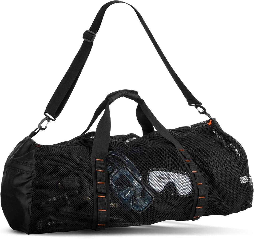 Fitdom 90L Large Mesh Duffle Bag for Scuba Dive or Snorkel Equipment. Best for Water Sports & Beach Activities like Swimming, Diving & Snorkeling. Perfect for Travel, Storage Swim Gym Gears & Balls (Black)