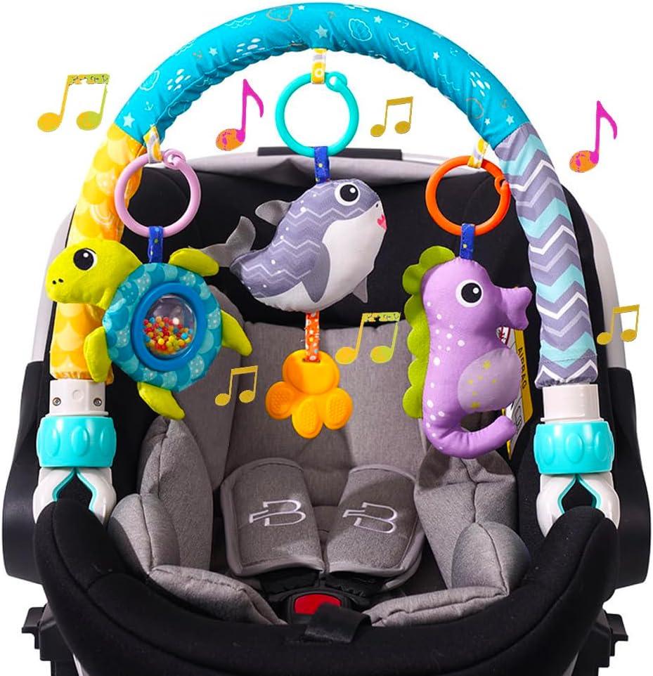 BATOHO Baby Stroller Arch Toy, Clip On Arch Mobile for Bassinet with Universal Clamps, Activity Toy Bar for Bouncer Musical Crib Mobile Toys for Infants Car Seat Toys Rattle Turtle Music Whale (Blue)