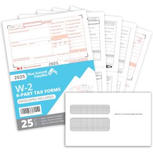 Blue Summit W2 Forms 2025 with Envelopes, 6 Part W2 Tax Forms 2025, 25 Employee Kit of Laser Forms with 3 W3s, Compatible with QuickBooks and Accounting Software, 25 Self Seal Envelopes Included