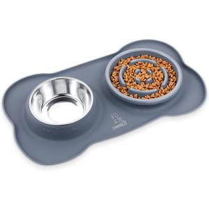 Pecute Slow Feeder Dog Bowls to Slow Down Eating, Dog Bowl Slow Feeder with No-Spill Non-Skid Silicone Mat, Food-Grade Safe Dog Food Bowls Slow Feeder, Stainless Steel Dog Water Bowl for Dogs Cats (Medium-1 Cup/13.5 oz each, Grey)