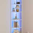 Furnulem 6 Tier Corner Shelf with LED Light, 67.5 Tall Standing Shelf Organizer, White Narrow Bookshelf with Storage Rack for Wall Corner, Living Room, Bedroom, Metal Frame, Wood Display Shelf