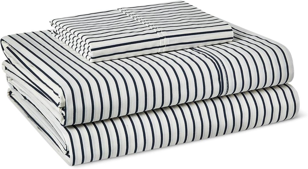 Amazon Basics 100% Organic Cotton Kids' Sheet Set with Pillowcase, Twin, Striped White and Navy