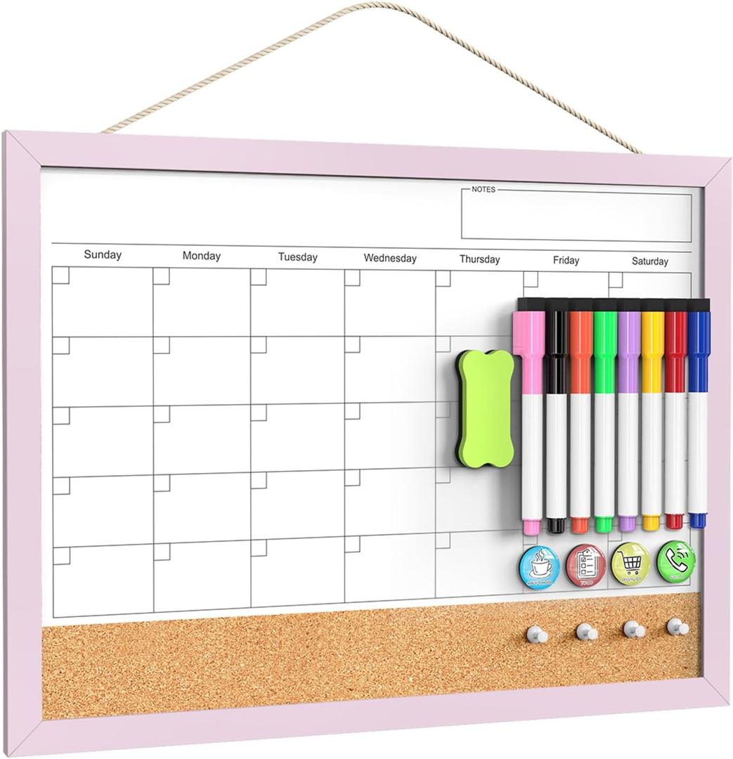 Dry Erase Calendar Cork Board Combo, 17x13 Inches Calendar Whiteboard for Wall, Small Magnetic White Board with Pink Wood Framed, Dry Erase Board for Planner Office Kitchen Home Memo