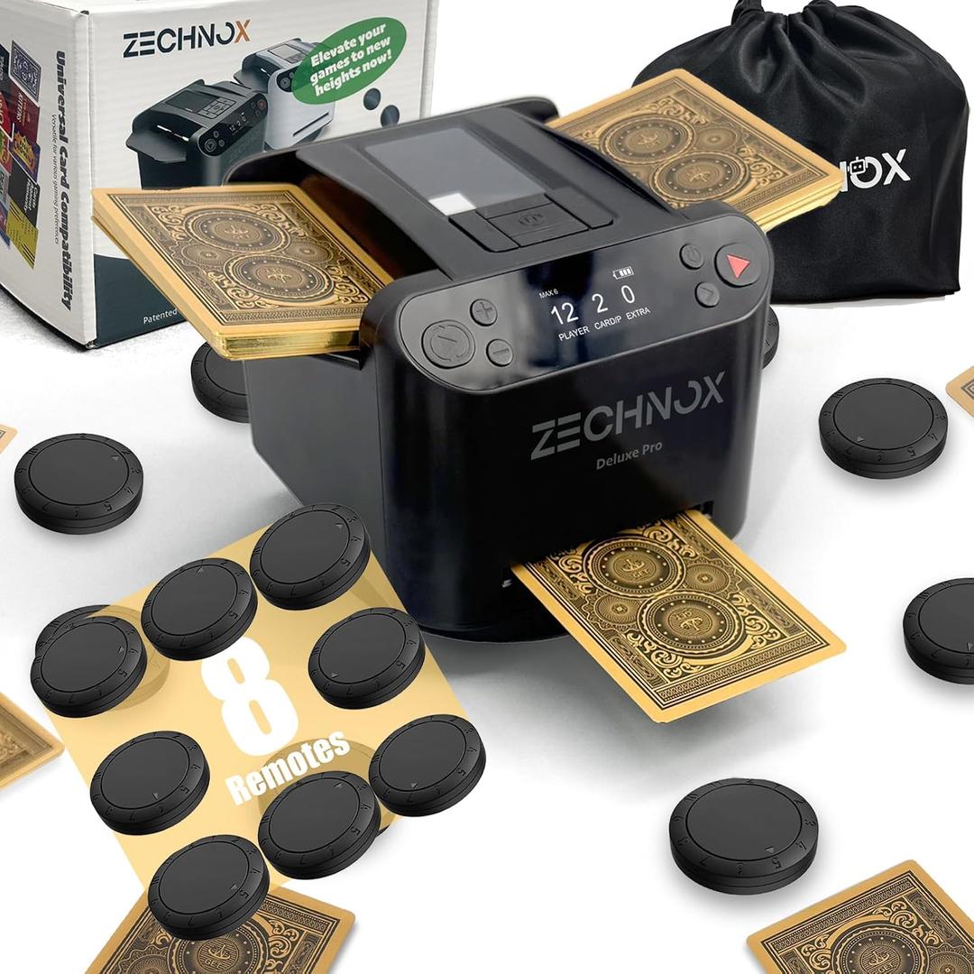New Smart 3-in-1 Automatic Card Shuffler and Dealer,Programmable Card Dealer,Card Shuffler 2 Deck,360 Rotation,Ultra Quiet,Rechargeable,Support 12 Players (8 remotes+Carry Bag), 5 inches x 6.4 inches x 4.5 inches