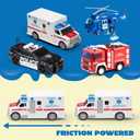 JOYIN 4 Packs Emergency Vehicle Toy Playsets, Friction Powered Vehicles with Light and Sound, Including Fire Truck, Ambulance, Play Police Car and Helicopter, Toddler Kids Boys Gifts