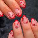 Red French Tip Press on Nails Almond Short Fake Nails Cute Nude Pink Full Cover Glue on Nails with Red Cherry Glossy Artificial Stick on Nails Reusable Acrylic False Nail for Women Girls 24Pcs