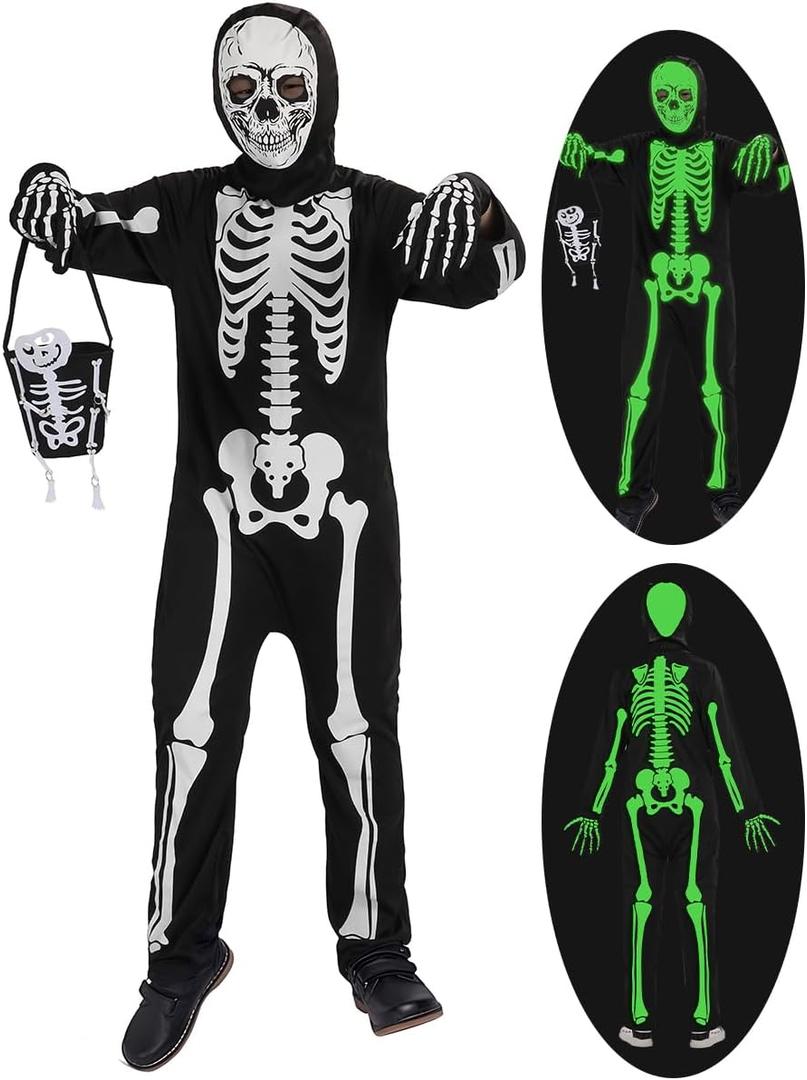 Halloween skeleton costume kids,glow in the dark skeleton costume on both sides Skuller candy bag for boys and grils (Small, Black)