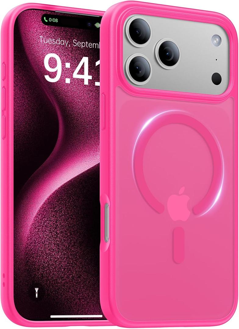 2 x Magnetic for iPhone 17 Pro Max Case,[Anti-Slip][Compatible with MagSafe][Military Grade Drop Protection] Shockproof Protective Translucent Phone Case for iPhone 17 Pro Max Case,Hot Pink
