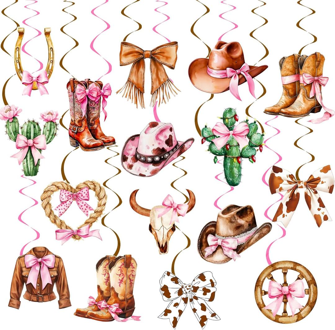 Cowgirl Coquette Bow Hanging Swirls Western Birthday Hanging Decorations 20PCS Pink Disco Rodeo Ceiling Streamers Cowgirl Boots Bachelorette Decor for Baby Shower Birthady Party Supplies