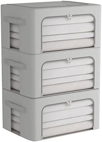 3Pack Frame Storage Box - Clothes Storage Bin Bags Oxford Fabric Foldable Stackable Container Organizer Set with Clear Window & Carry Handles (Grey, Medium-44L)