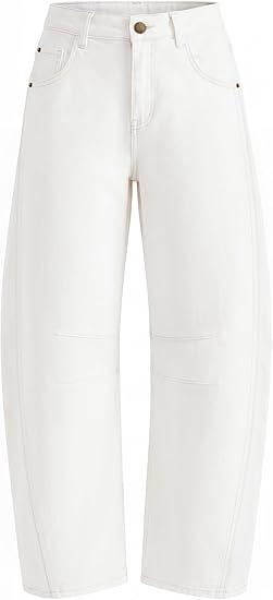 ZISICA Womens Barrel Jeans for Women Trendy 2026 High Waisted Wide Leg Stretchy Baggy Ankle Denim Pants with Pockets, S, White