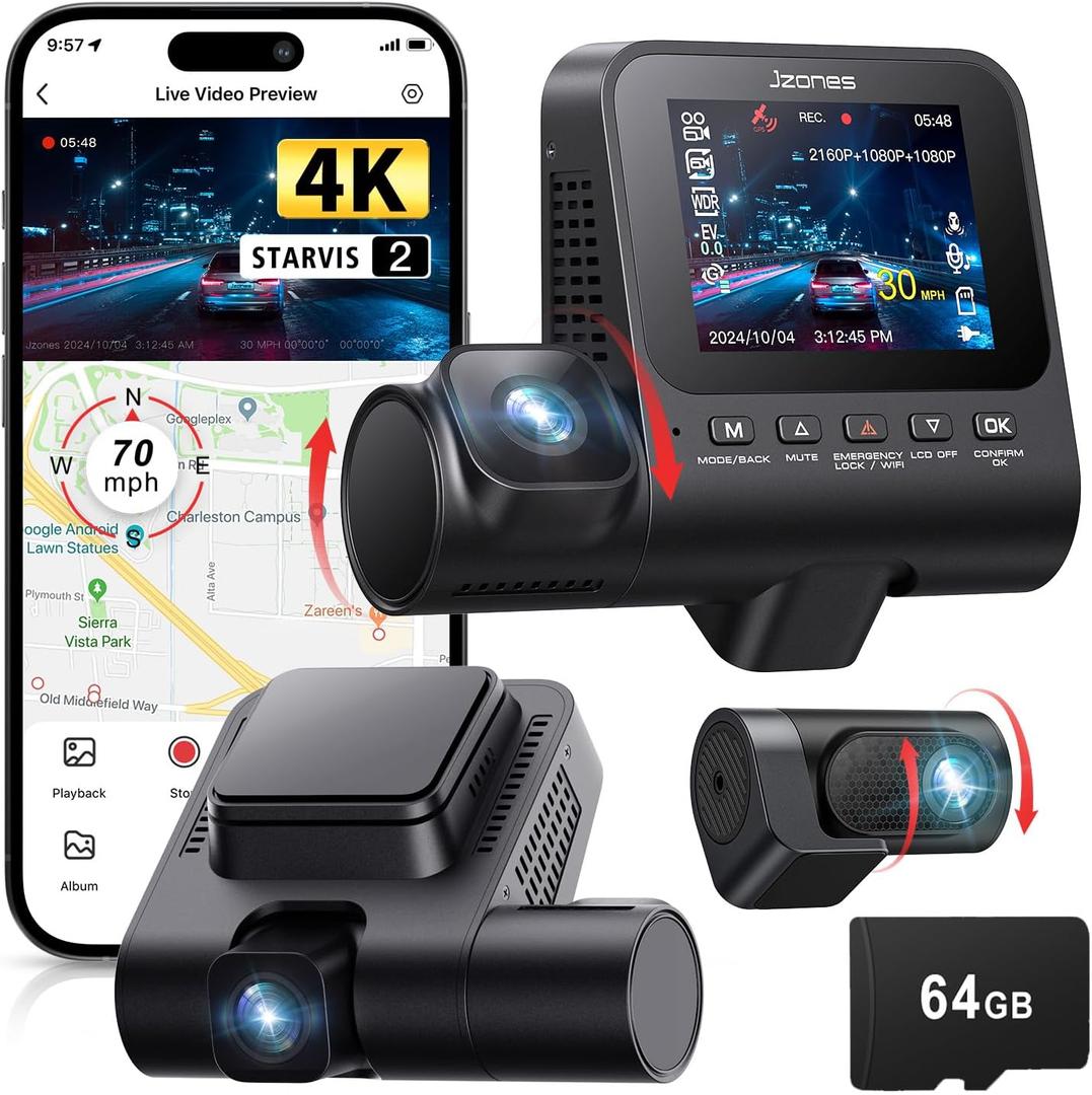 Jzones 4K 3-Channel Dash Cam Front and Rear with Cabin, STARVIS 2 Sensor, Dash Camera for Cars with WiFi 6, G-Sensor, Loop Recording, Night Vision, 24H Parking Mode, 64GB Card Included (Black)