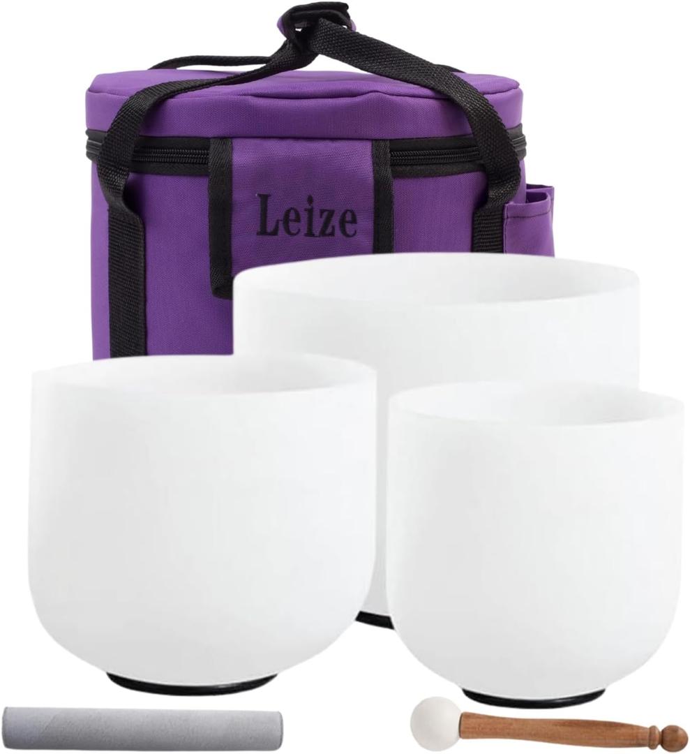 Leize Crystal Singing Bowl Tuned Quartz with Suede Striker Carry Case Bag, Set of 3 PCS 432HZ 6" B 7" G 8" F, Frosted White