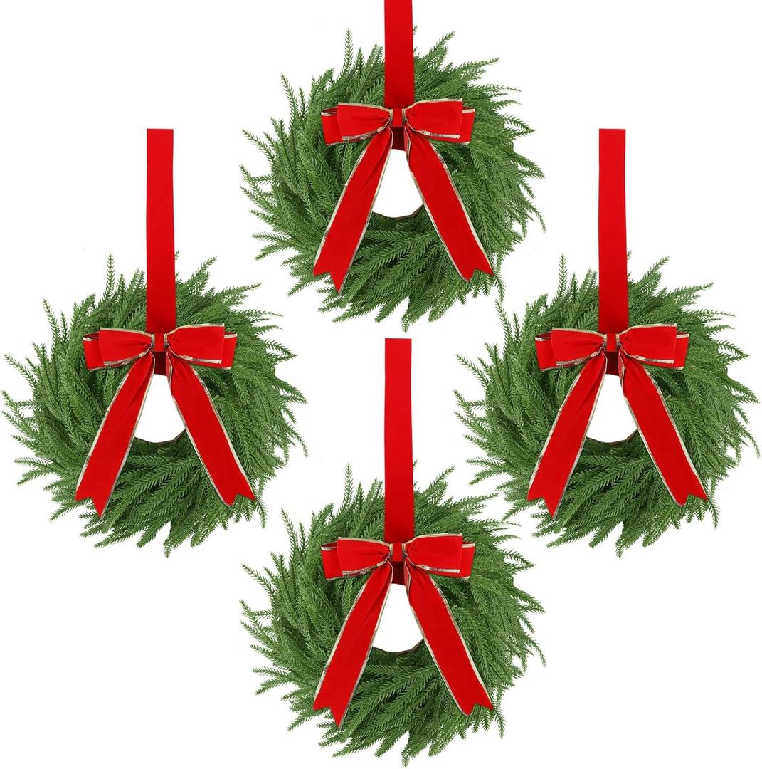 4 Pcs Christmas Wreaths for Front Door, 15 Inch Fluffable Artificial Norfolk Pine Wreath with Red Bow, Easy to Shape for Full & Lush Look, Indoor Outdoor Holiday Decor