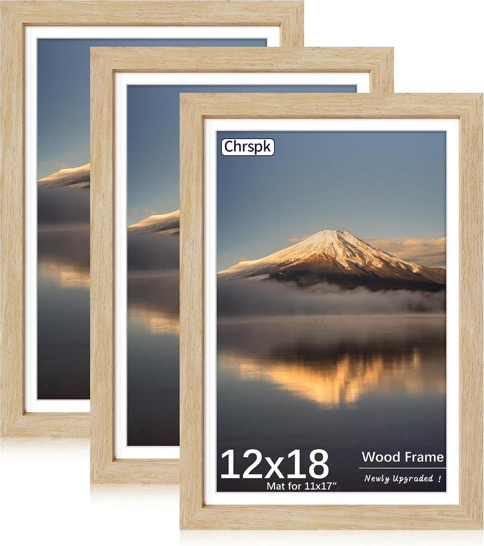 12x18 Poster Frame, Display Pictures 11X17 with Mat or 12x18 Without, Wall Hanging Frames, Natural Oak, 3 Pack