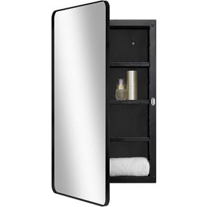 Fundin Black Plastic Medicine Cabinet, Mirror Door with Round Corner Metal Frame, Recessed and Surface Mount Bathroom Wall Medicine Cabinet, 16 x 28 inch Mirror Size