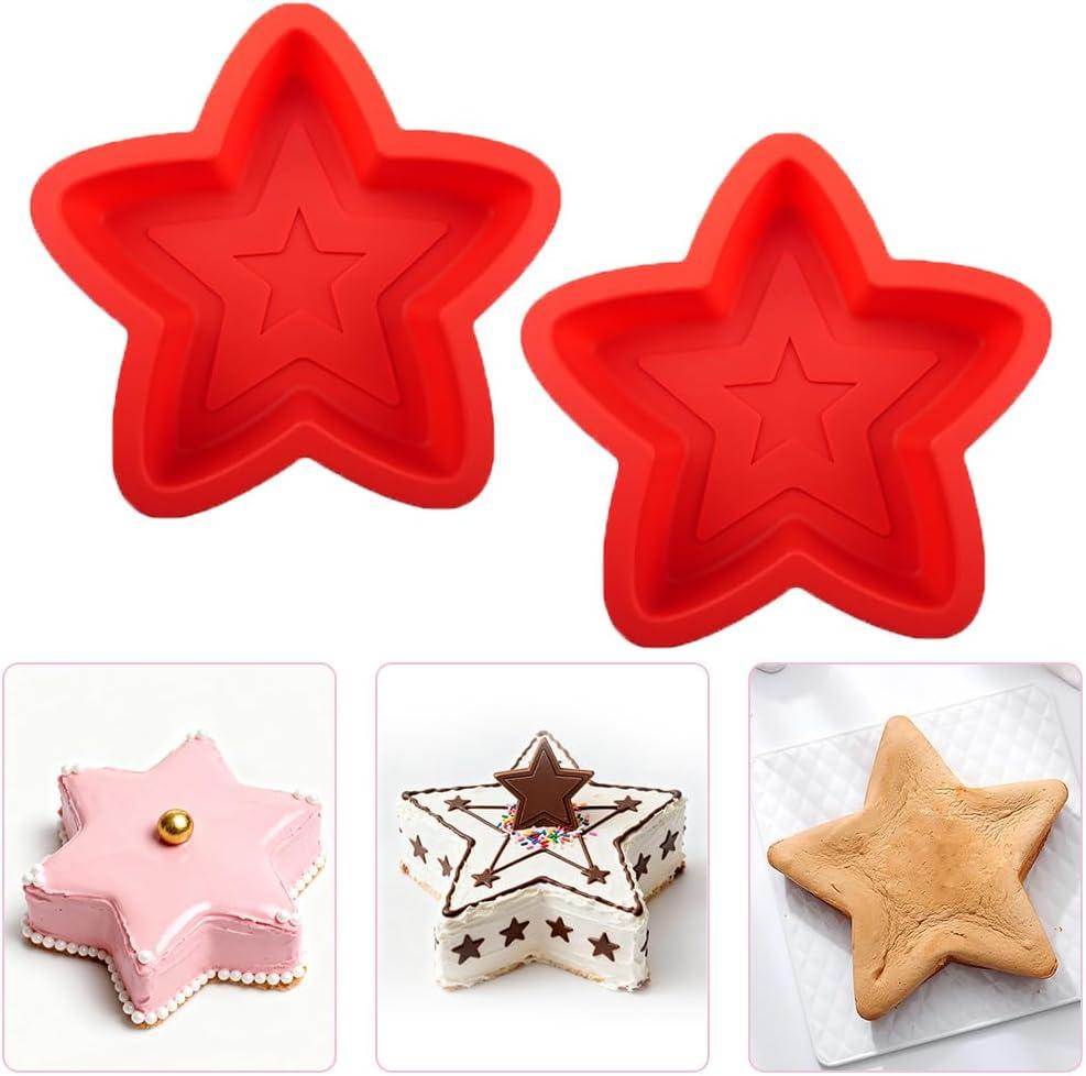 2 Pcs Star Shaped Cake Pans, 8 Inch Silicone Cake Molds, Silicone Baking Mold, Flexible Nonstick Baking Pans for Cakes, Cheese Cakes and Chocolate Cake, Red