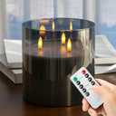 AFINETH Extra Large Flameless Candles with 3 Wicks, 6"x6" Glass Battery Operated Candles with Remote, Real Wax Flickering LED Candles Fake Candle for Home, Wedding, Party, Gray