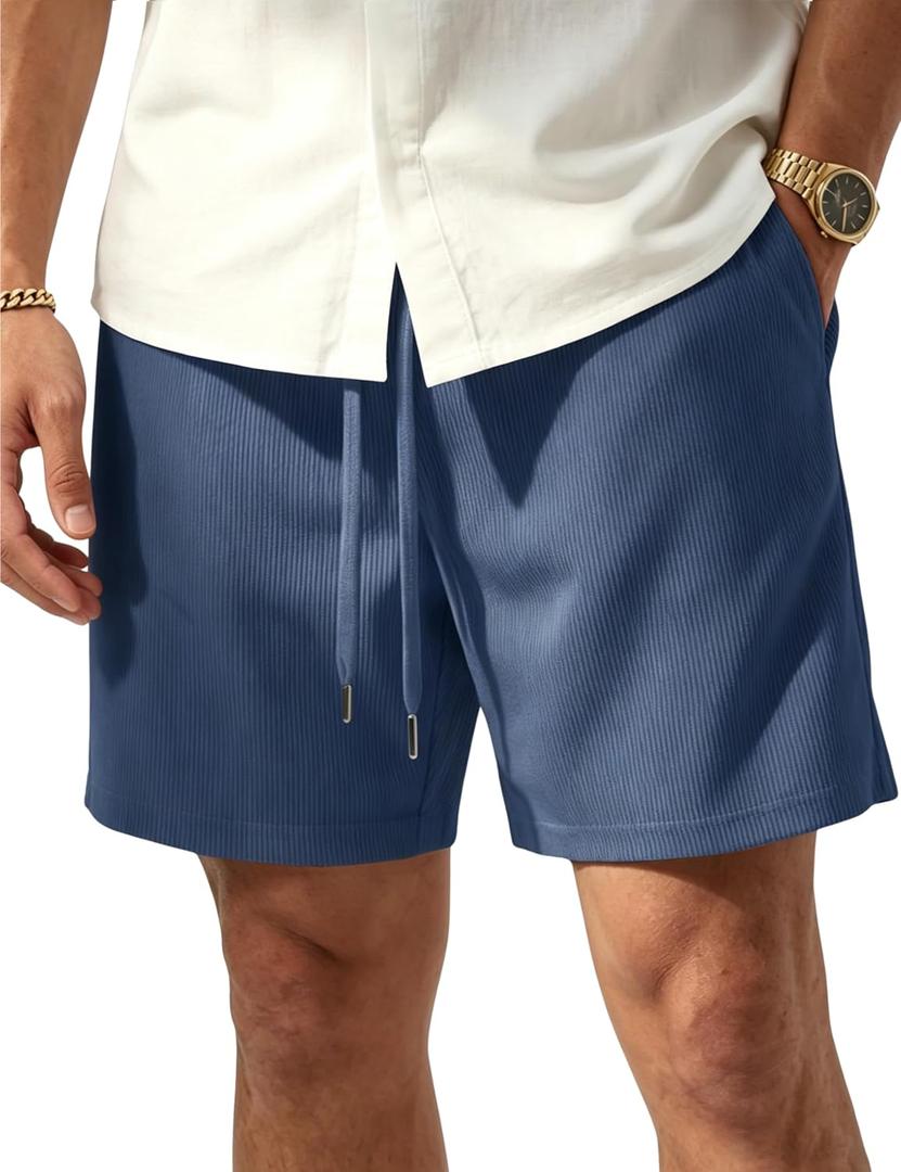 TACVASEN Mens Corduroy Shorts Casual 6" Inseam Summer Beach Elastic Waist Drawstring Lightweight Shorts with Pockets (Blue, L)