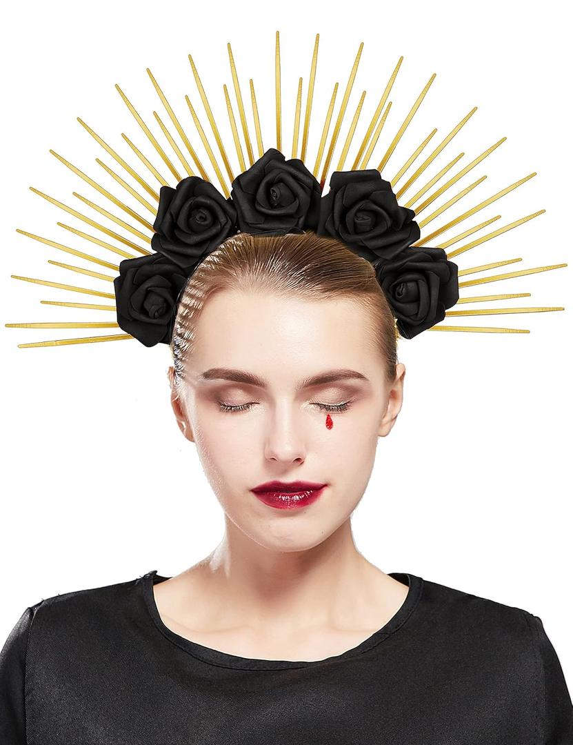 Fantherin Halo Crown with Roses Womens Mexican Flower Goddess Rose Spiked Sun Headpiece for Cosplay Halloween Costume (Black)